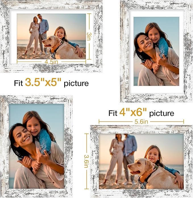Vittanly 4x6 Picture Frame Set of 4, Display Pictures 3.5x5 with Mat or 4x6 without Mat, Engineered Wood with Shatter Resistant Plexiglass, Small Photo Frames for Wall or Tabletop, Distressed White