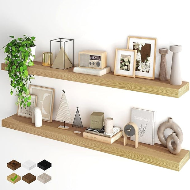 Fun Memories Floating Shelves for Wall, 55Inch Floating Shelves Set of 2, Hanging Shelf with Invisible Brackets, Wood Shelves for Living Room, Bedroom, Kitchen, Oak