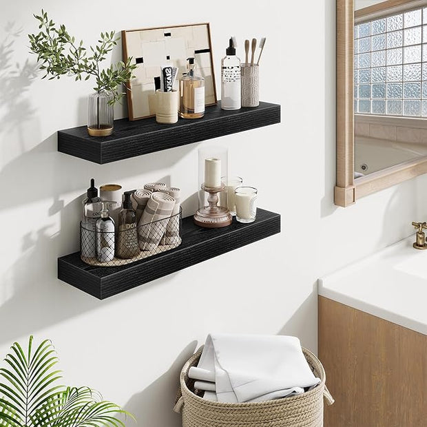 Fun Memories Floating Shelves Set of 2, 24 Inch Floating Shelves for Wall, Wood Wall Shelves with Invisible Brackets, for Bathroom, Bedroom, Living Room, Kitchen, Black