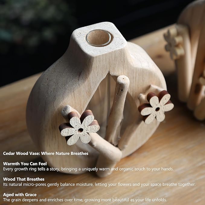 Artistic Wood Glass Vase,Wooden Base Cylindrical Flower Vase,Classic Boho Rustic Style for Fireplace Bedroom Kitchen Living Room Centerpieces Office Desk(Petite Vase)