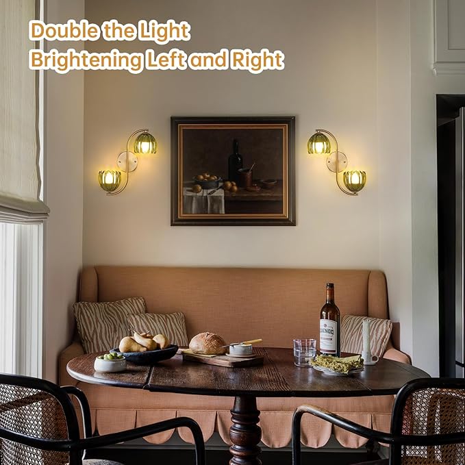 Battery Operated Wall Sconce, 2-Lights Vinatge Brass Wall Lighting Up and Down with Green Tulip Shade for Living Room, Bedroom, Symmetrical 2 Pack