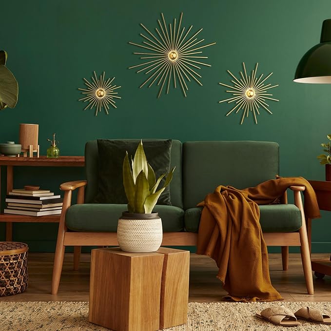 3 Pack Gold Sunburst Mirrors for Wall Decor Circle Flowers Mirrors Decorative Gold Hanging Wall Art Flowers Mirror for Home Living Dinning Room Bedroom Bathroom Boho Decoration(Cute)