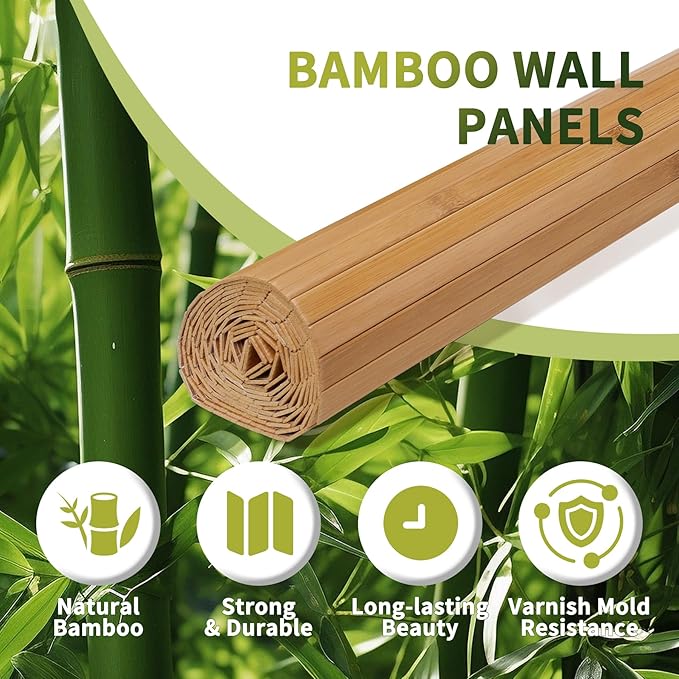 Natural Bamboo Wall Panel,Renewable Pole Wrap Bamboo Wainscoting Paneling for Interior Decoration,Wall Decor, Ceiling Cabinet Furniture,Kitchen Island (Natural, 16