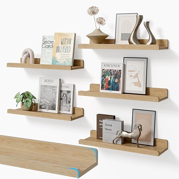 16’’Natural Floating Shelves for Wall Set of 6,Rustic Wood Shelf for Room Decor/Storage/Display,Small Bookshelf,Wall Mounted Hanging Shelves for Bedroom, Bathroom, Living Room, Kitchen