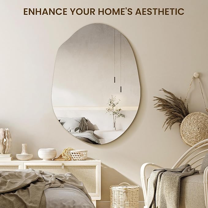 Irregular Asymmetrical Wall Mirror for Living Room Bathroom Entryway, Modern Decorative Mirror Hanging (Hook Style, 24'' x 18'')