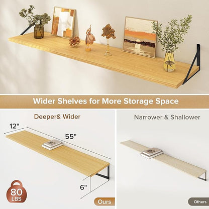 Deep Floating Shelves Wall Mounted, 55"x12" Oak Wall Shelves with Brackets Set of 2 for Bedroom, Living Room, Bathroom, Kitchen, Office - Storage & Display Shelf for Decor, Books, Plants