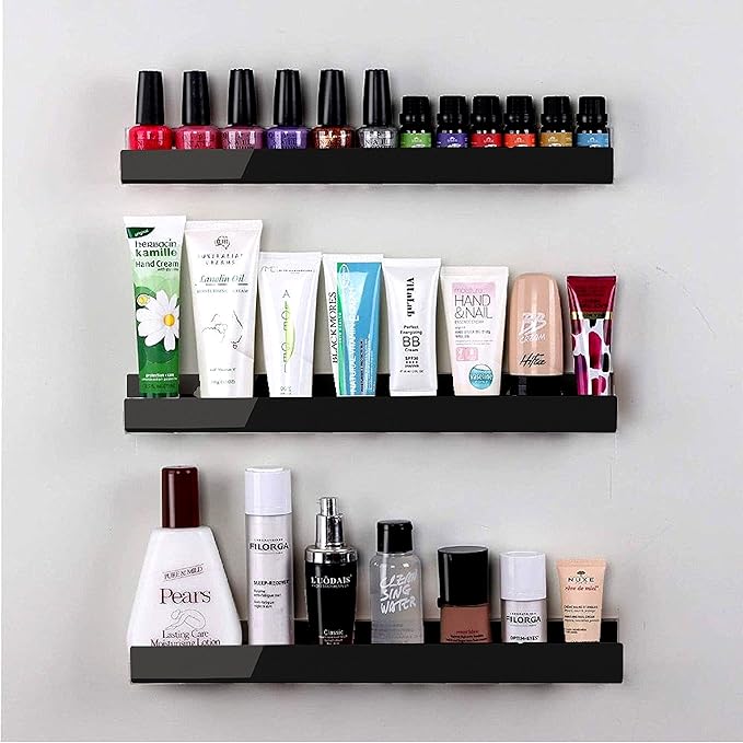 4 Pack 15 Inch Black Acrylic Shelves, Black Kids Floating Bookshelf for Kids Room, Modern Nail Polish Rack Sunglasses Essential Oil Picture Ledge Display Toy Storage Wall Shelf