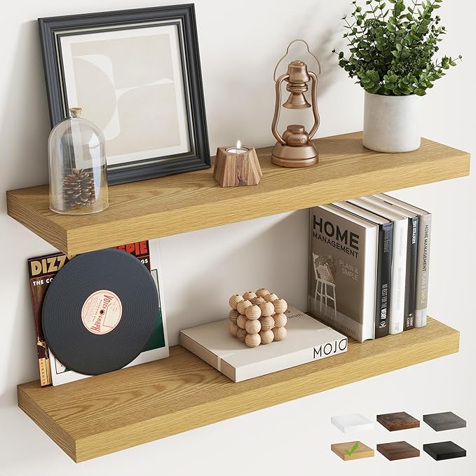 32 Inch Floating Shelves for Wall Set of 2, 8"D Wood Grain Bathroom Shelves with Invisible Brackets, Easy Install Engineered Wood Storage Shelves for Kitchen, Living Room, Bedroom, Oak Finish
