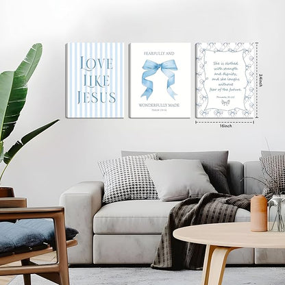 Blue Bow Jesus Wall Art Decor, Light Blue Coquette Dorm Room Wall Decor Paintings, Inspirational Bible Verses Canvas Posters Prints Pictures for Girls Dorm Room, Bedroom, Bathroom 16x24 Inch Framed