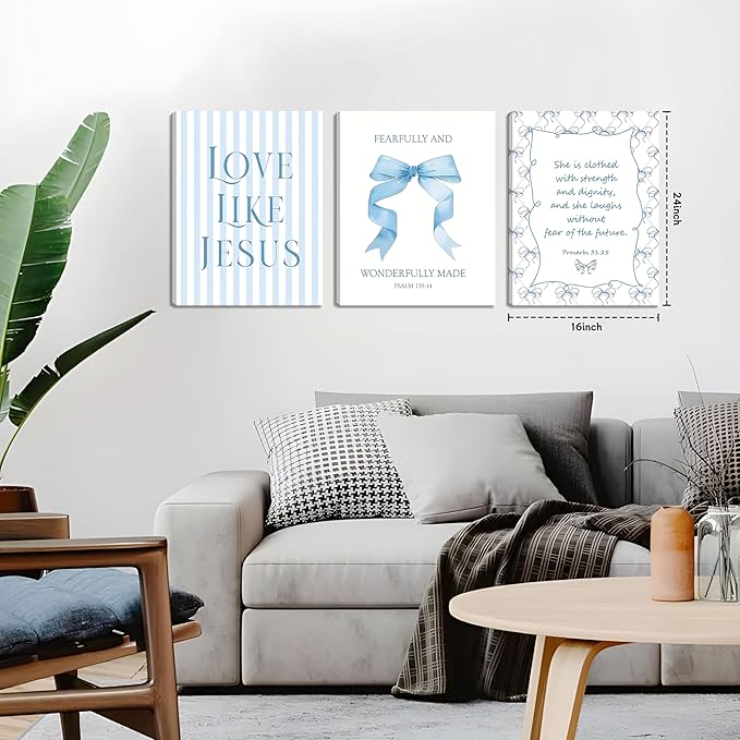 Blue Bow Jesus Wall Art Decor, Light Blue Coquette Dorm Room Wall Decor Paintings, Inspirational Bible Verses Canvas Posters Prints Pictures for Girls Dorm Room, Bedroom, Bathroom 16x24 Inch Framed