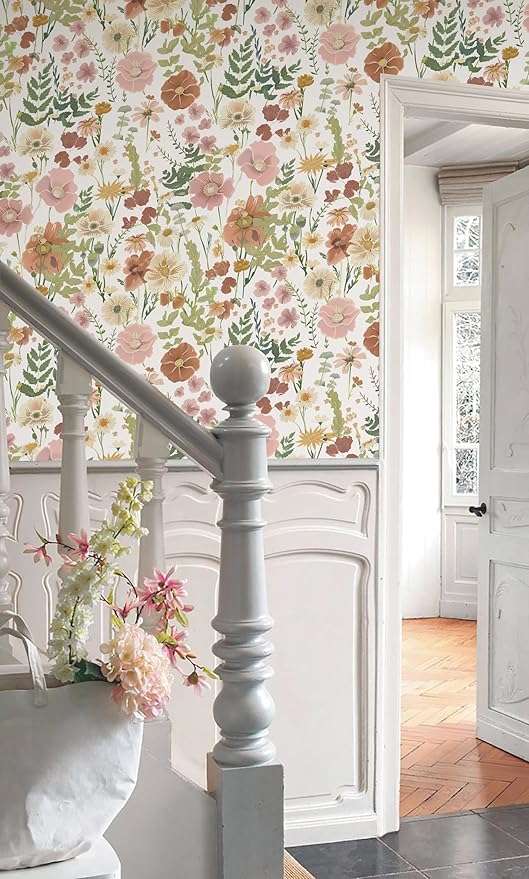 EchoSphere 16.9 in x118 in Peel and Stick Wallpaper Floral Self Adhesive Wallpaper Boho Floral and Leaf Contact Paper DIY Removable Wall Paper for Bedroom Livingroom Cabinets Decor Vinyl Roll