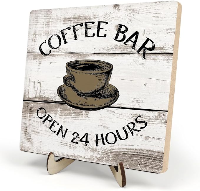 Coffee Bar Sign Plaque, Vintage Farmhouse Coffee Station Decor – 24 Hours Open Bar Plaque for Cafe, Home or Office, Rustic Kitchen Wall Art, CoffeeShop Accessories