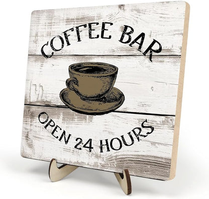 Coffee Bar Sign Plaque, Vintage Farmhouse Coffee Station Decor – 24 Hours Open Bar Plaque for Cafe, Home or Office, Rustic Kitchen Wall Art, CoffeeShop Accessories