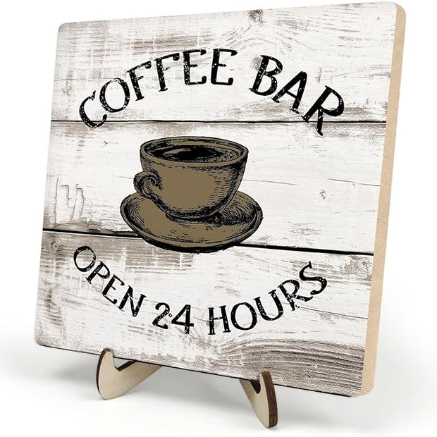 Coffee Bar Sign Plaque, Vintage Farmhouse Coffee Station Decor – 24 Hours Open Bar Plaque for Cafe, Home or Office, Rustic Kitchen Wall Art, CoffeeShop Accessories