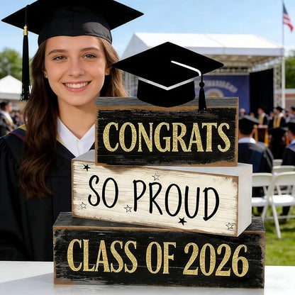 2026 Graduation Table Decorations Class of 2026 Senior Tiered Tray Decor Wooden Cap Block Signs Farmhouse Congrats Grad Tabletop Party Centerpiece for Tables Wooden Sign for Home Decor