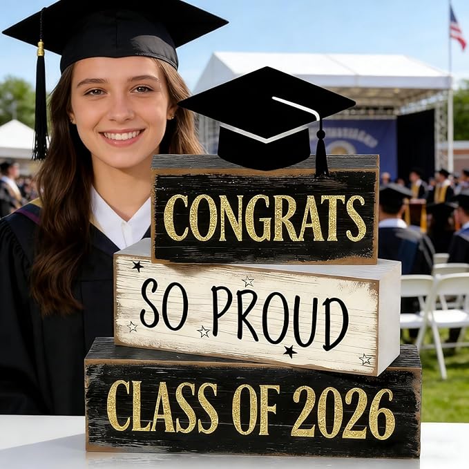 2026 Graduation Table Decorations Class of 2026 Senior Tiered Tray Decor Wooden Cap Block Signs Farmhouse Congrats Grad Tabletop Party Centerpiece for Tables Wooden Sign for Home Decor