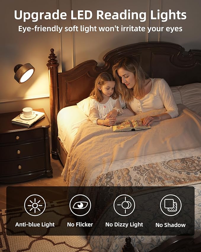 EZVALO LED Wall Mounted Light, 3000mAh Rechargeable Cordless Wall Sconce, Dimmable with Remote & Touch Control, 3 Color Temps, 360° Rotatable for Bedroom, Bedside, Reading(Walnut)