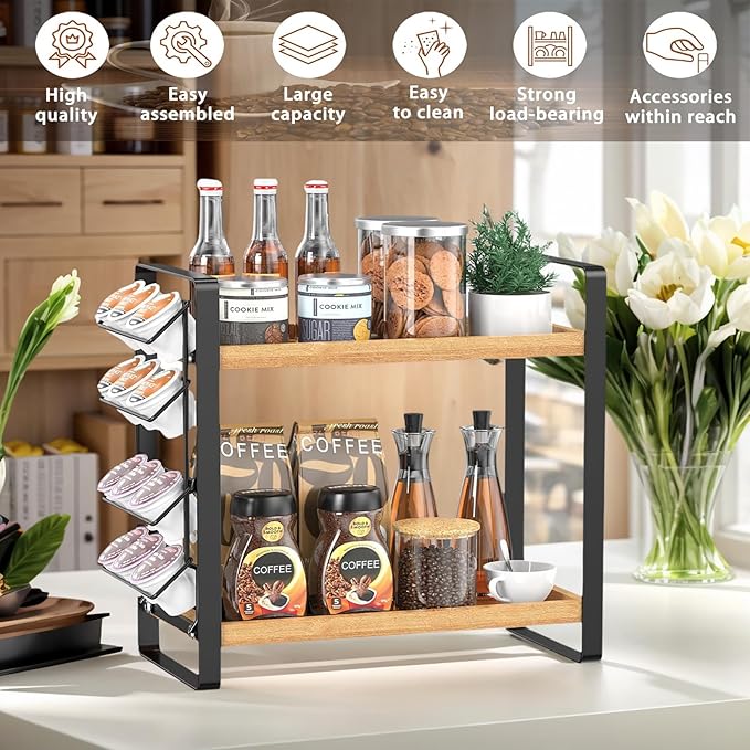 Coffee Station Organizer for Counter,Condiment Storage Caddy for Kitchen,2 Tier Wooden Shelf for Coffee Bar Accessories,Coffee Bar Organizer for Kitchen, Home, Office-Brown
