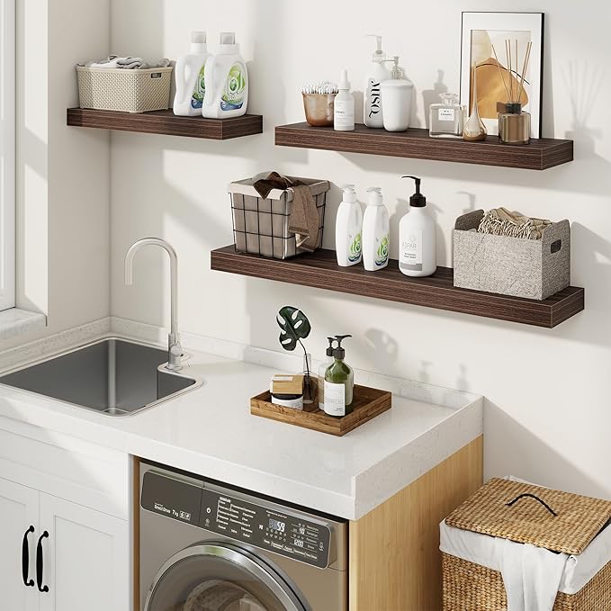 fuqing Floating Shelves for Wall, Wall Mounted Wood Floating Shelf with Invisible Brackets for Living Room, Bathroom, Bedroom, Kitchen Storage and Decor, 36 Inch Set of 2, Walnut