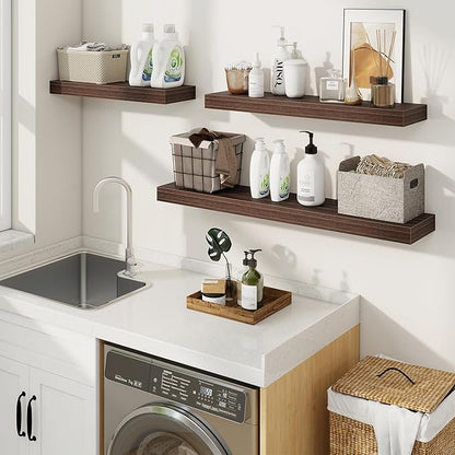 fuqing Floating Shelves for Wall, Wall Mounted Wood Floating Shelf with Invisible Brackets for Living Room, Bathroom, Bedroom, Kitchen Storage and Decor, 24 Inch Set of 2, Walnut