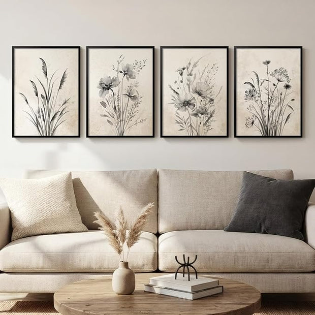 Framed Vintage Botanical Wall Art, 4 Piece Neutral Rustic Boho Floral Canvas Painting Prints for Modern Farmhouse, Black and White Flower Pictures for Living Room Bedroom Dining Room Wall Decor, 12x16