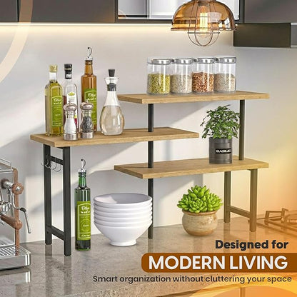 3-Tier Bamboo Corner Countertop Organizer with Extended Top Tier – Kitchen Counter Shelf for Small Spaces, Coffee Bar Organizer, Spice Rack, Bathroom Counter Storage, Space Saver