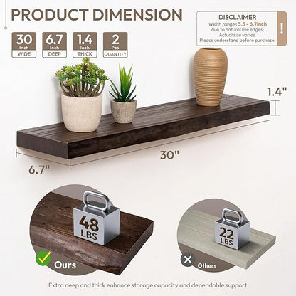 Marsmiles 30 inch Floating Shelves for Wall Elm Wood Live Edge Shelves|Rustic Wall Shelves with Invisible Heavy-Duty Bracket for Bathroom Living Room Kitchen|Walnut, 2 Pack