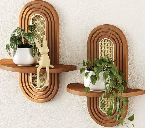 Floating Shelves for Wall, Boho Rattan Plant Shelf Set of 2, Mid Century Small Decorative Shelf Wall-Mounted, Natural Wood Shelves for Living Room,Bedroom,Nursey Room (Walnut)