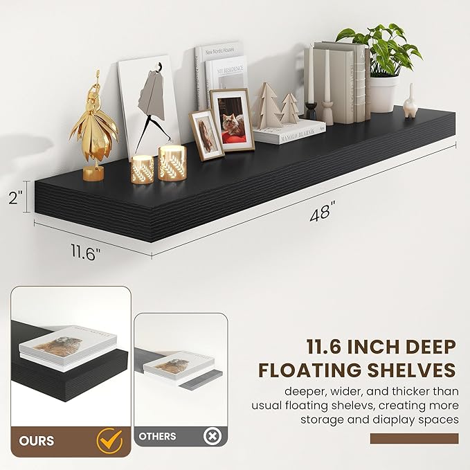 48 Inch Floating Shelves | 12 Inch Deep Black Floating Shelves Set of 2 | 48" W x 12" D Black Wood Wall Shelves for Bathroom Living Room Kitchen Laundry Room