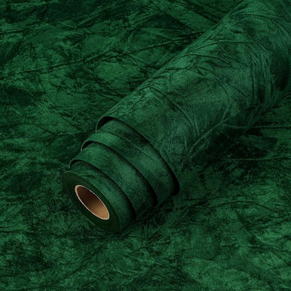LACHEERY 157"x24" Velvet Peel and Stick Wallpaper Green Flocked Velvet Wallpaper Dark Green Fabric Contact Paper for Walls Self Adhesive Wall Paper Removable Dresser Desk Wrap Soft Felt Liner Roll