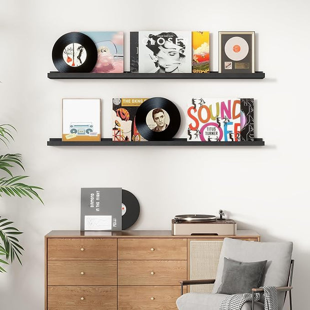 Picture Ledge Shelf, Floating Shelves Set of 2, Solid Ash Wood 56'' Long Large Nursery Book Shelves for Toys Storage, Kids Bookshelf for Living Room Bedroom Decor Books Photo Frames, Black