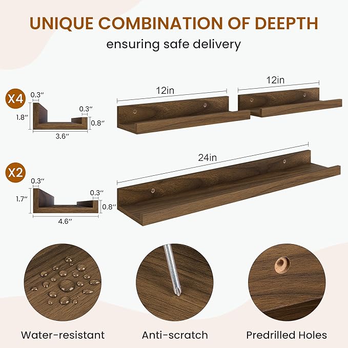 Axeman Picture Ledge Shelf, Floating Shelves for Wall Decor Storage Set of 6, 24 inch Floating Wall Mounted Shelves, Shelves with Lip for Living Room, Bedroom, Nursery, Bathroom, Kitchen, Walnut