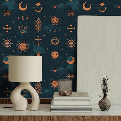FLFK Vintage Mystic Peel & Stick Wallpaper - 16" x 64" Dark Blue & Orange, Expressive Sun and Moons with Celestial Motifs, Retro Wall Art for Living Room, Bedroom, Office, Apartment Decor