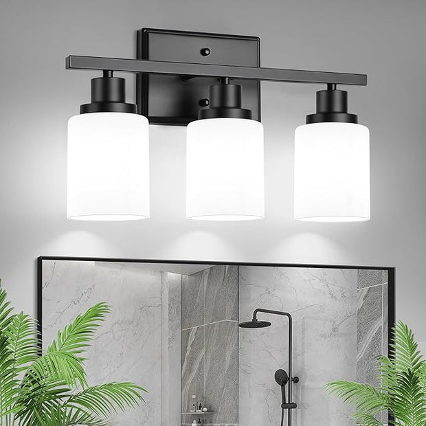 Ascher Bathroom Light Fixtures, 3-Light Vanity Light Over Mirror, Modern Matte Black Wall Sconces with Milky White Shades, Wall Lamp for Kitchen Hallway Cabinet Porch E26 Base