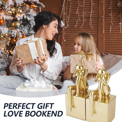Book Ends, Gold Girl Thinker Design, Non-Skid Heavy Duty Resin Book Stopper for Books, Bookends with Base, Modern Bookends for Shelves, Resin, 1Pair/2Piece