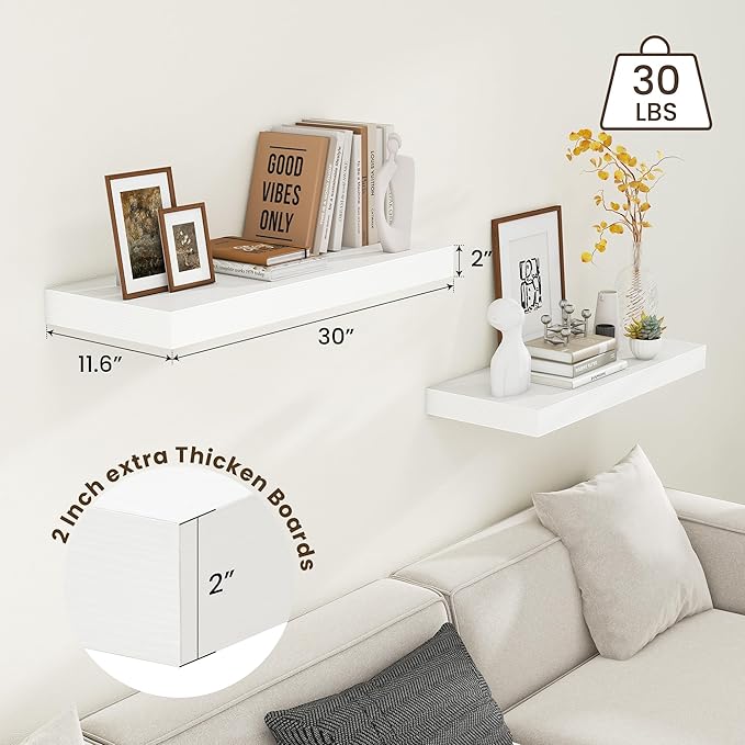 30 Inch Floating Shelves | 12 Inch Deep White Floating Shelves Set of 2 | 30