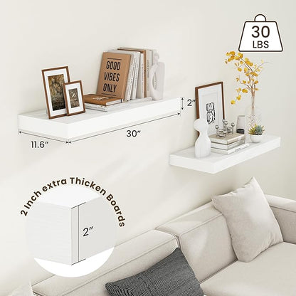 30 Inch Floating Shelves | 12 Inch Deep White Floating Shelves Set of 2 | 30" W x 12" D Rustic Wood Shelves for Wall | Deep White Shelves for Living Room Bathroom Laundry Room Kitchen