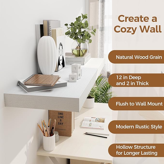 White Floating Shelves 36 Inch Long, 12 Inch Deep Floating Shelves for Wall, 36 x 12 Shelves for Wall Storage & Display, 2