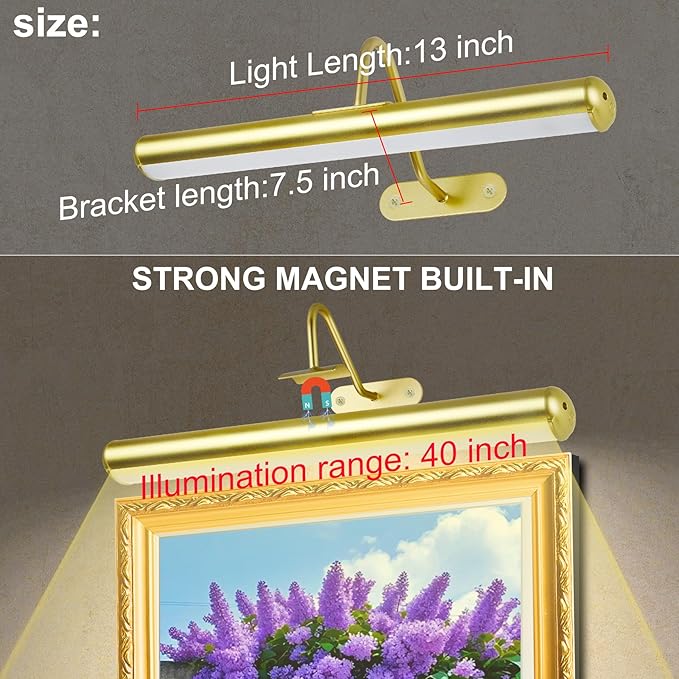 2Pack-Picture Light for Wall Artwork Rechargeable 5000mAh Painting Light with Controller, WARM/NATURE/COOL Colors,Dimmable 400LM Full Metal Wall Sconces Lamp Led for Picture Portrait Gallery-Gold
