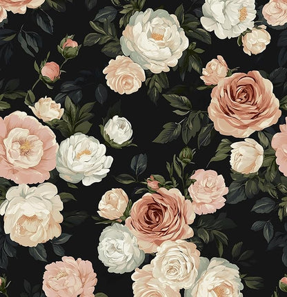 Pink White Rose Peony Wallpaper Peel and Stick Black Floral 17.5in x 393in Vintage Flower Contact Paper Boho Vinyl Waterproof Self Adhesive Flower Botanical Wall Paper for Bathroom Cabinet Decor