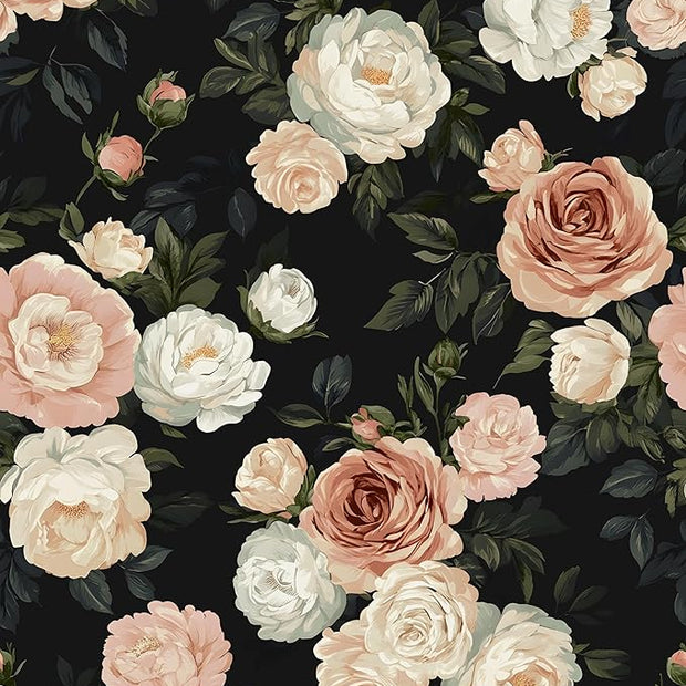Pink White Rose Peony Wallpaper Peel and Stick Black Floral 17.5in x 393in Vintage Flower Contact Paper Boho Vinyl Waterproof Self Adhesive Flower Botanical Wall Paper for Bathroom Cabinet Decor