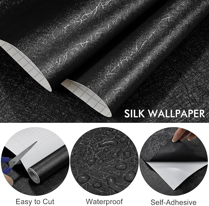 Black Silk Wallpaper Embossed Peel and Stick Wallpaper 17.7 inch X 120 inchTextured Self-Adhesive Removable Contact Paper Waterproof Vinyl Roll for Bedroom Cabinet Furniture