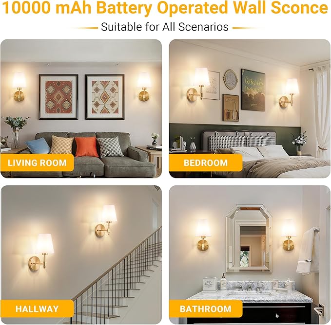 Peel and Stick Wall Sconces, Stick On Wall Sconce Set of 2, Battery Operated Wireless Wall Light, No Drill Adhesive Wall Lamp, Corn Bulb with 10000mAh Rechargeable Battery, Bedroom Wall Decor