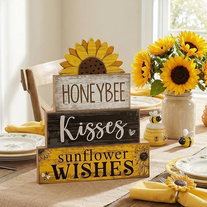 4 Pcs Summer Table Decor Wooden Sunflower Tiered Tray Decor Rustic Farmhouse Yellow Block Signs Gifts Summer Tabletop Centerpieces for Home Kitchen Coffee Bar Decorations