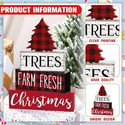 Marsui 4 Pcs Christmas Wooden Tabletop Decor Neutral Christmas Decor Rustic xmas Tree Block Sign Buffalo Plaid Table Centerpiece for Home Office Desk Tiered Tray Farmhouse Decorations
