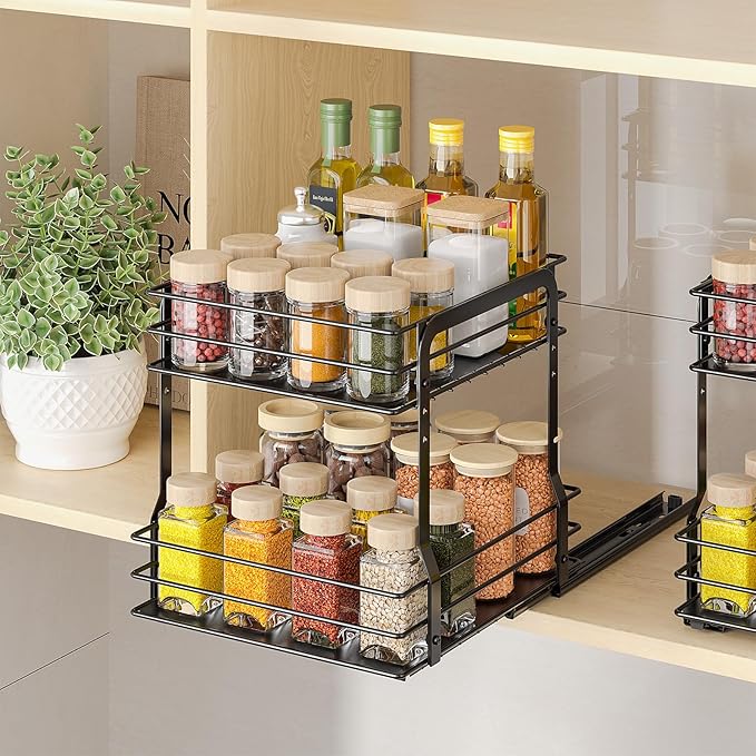 Pull Out Spice Rack Organizer for Inside Cabinet, 2 Tier Metal Spice Organization for Cabinet, 9.65