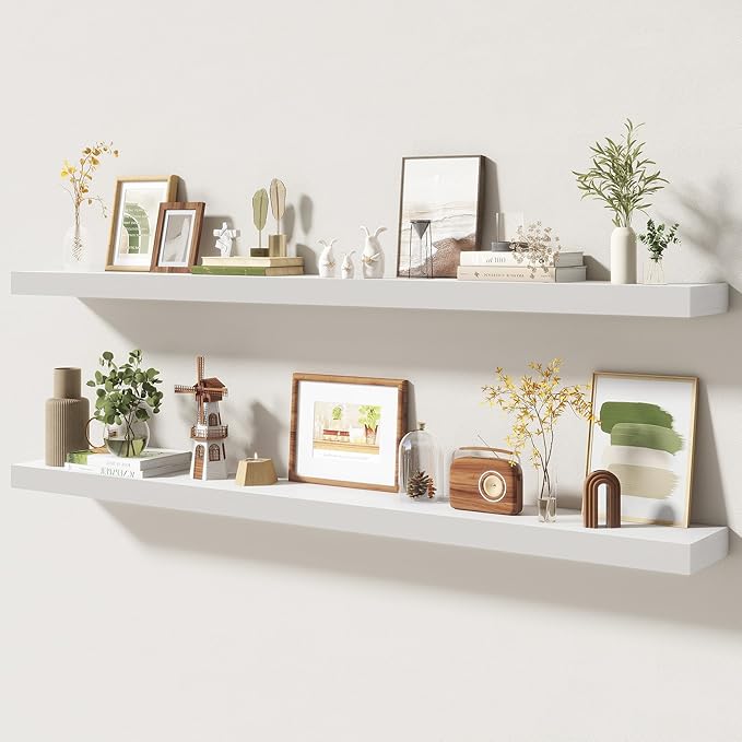 55 Inch Floating Shelves | 6.5 Inch Deep White Floating Shelves Set of 2 | 55" W x 6.5" D Rustic White Wood Wall Shelves with Invisible Brackets for Bathroom Living Room Bedroom