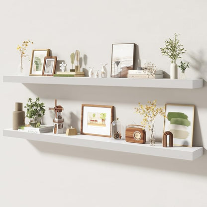 55 Inch Floating Shelves | 6.5 Inch Deep White Floating Shelves Set of 2 | 55" W x 6.5" D Rustic White Wood Wall Shelves with Invisible Brackets for Bathroom Living Room Bedroom