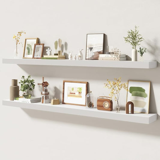 55 Inch Floating Shelves | 6.5 Inch Deep White Floating Shelves Set of 2 | 55" W x 6.5" D Rustic White Wood Wall Shelves with Invisible Brackets for Bathroom Living Room Bedroom