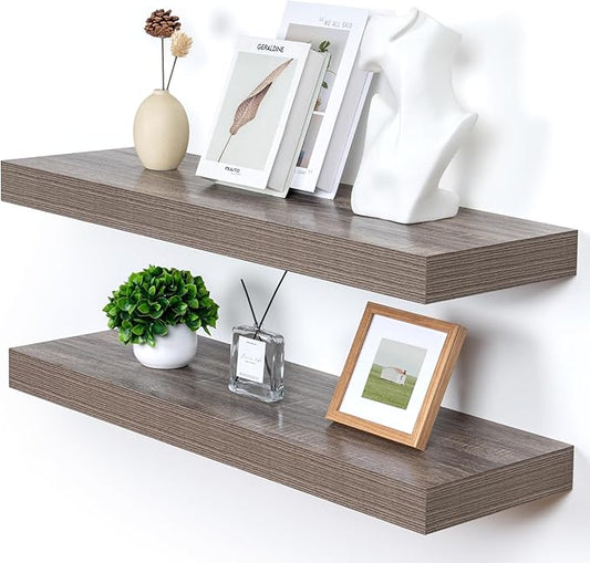Deep Floating Shelves | 36 Inch Grey Floating Shelves Set of 2 | 12 Inch Deep Rustic Wood Shelves for Wall | 36" W x 12" D Grey Shelves for Living Room Bathroom Laundry Room Kitchen